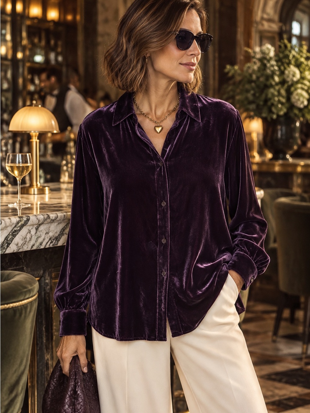 EILEEN FISHER Eggplant Quiet Luxury Button Front Casual Elegance Velvet Top, L